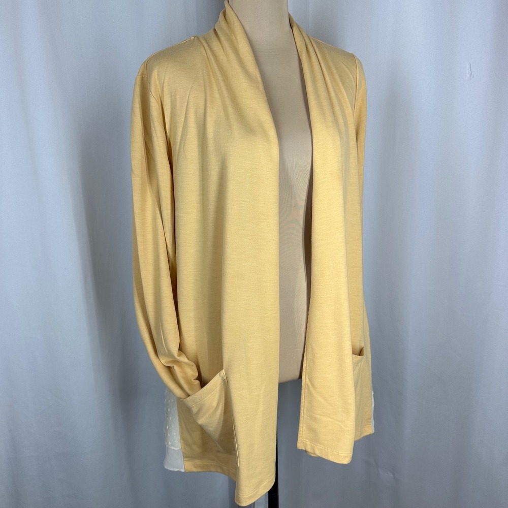 LOGO Lounge Lori Goldstein Cardigan M Yellow Swiss Dot Flared Side Panels
